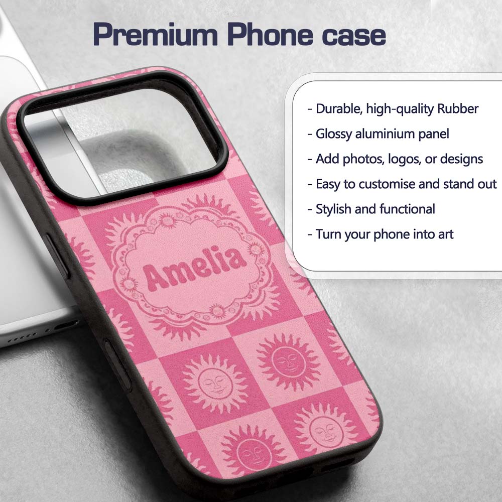 Cute Pink Tone Sun Face Checkerboard Celestial Custom Name Protective Phone Case Mobile Cover Durable Everyday Smartphone Shock Resistant