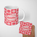 Personalized Custom Name Cute Red Sun Face Checkerboard Celestial Seamless Pattern Name 11oz Ceramic Coffee Tea Mug White Large Handle