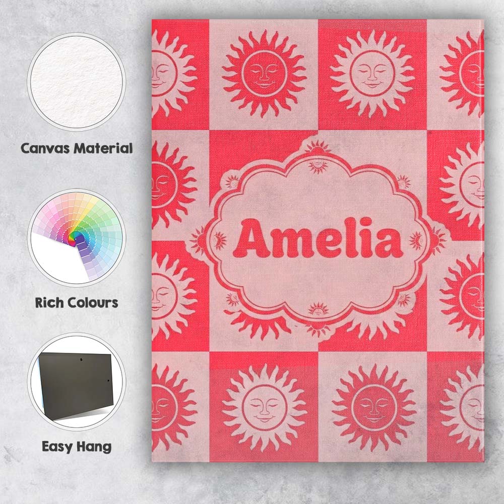 Personalised Name Cute Red Sun Face Checkerboard Celestial Custom Stylish Home Interior Canvas Wall Art Print Decor Picture Ready to Hang