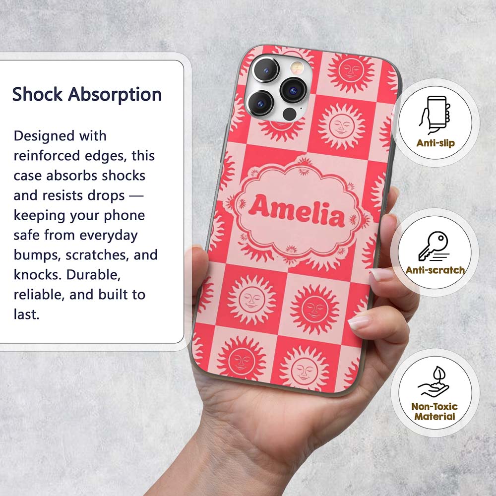 Cute Red Sun Face Checkerboard Celestial Seamless Custom Name Protective Phone Case Mobile Cover Durable Everyday Smartphone Shock Resistant