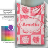 Cute Red Sun Face Checkerboard Celestial Seamless Pattern Name  Personalised Custom Name Super Soft Fleece Blanket Bed Sofa Throw