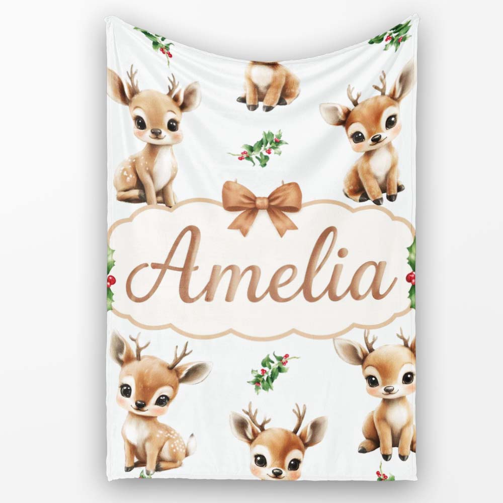 Cute Baby Reindeer Holly Christmas Seamless Pattern Cute Unique Gift  Personalised Custom Name Super Soft Fleece Blanket Bed Sofa Throw