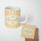 Personalized Custom Name Cute Yellow Sun Face Checkerboard Celestial Seamless Pattern Name 11oz Ceramic Coffee Tea Mug White Large Handle