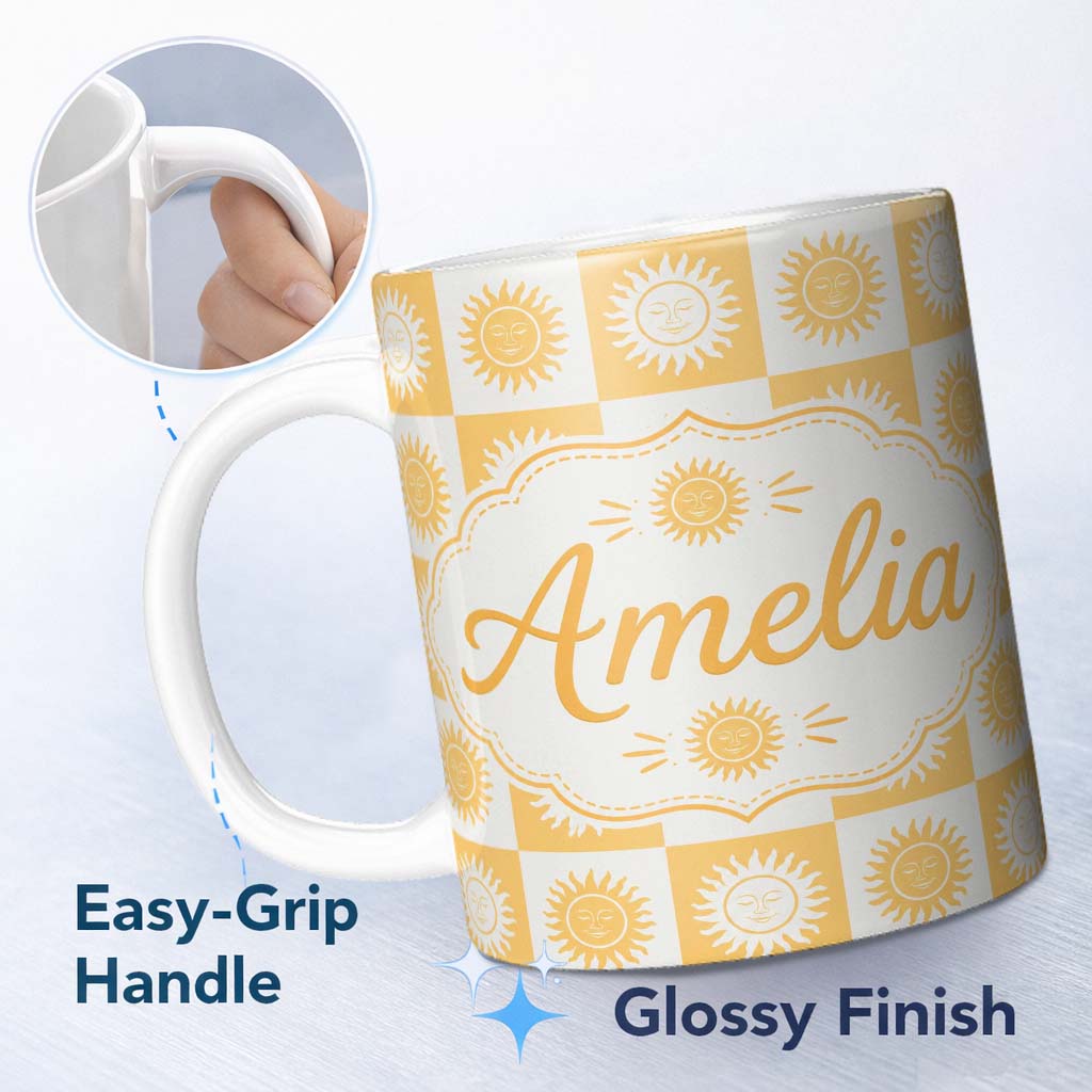 Personalized Custom Name Cute Yellow Sun Face Checkerboard Celestial Seamless Pattern Name 11oz Ceramic Coffee Tea Mug White Large Handle