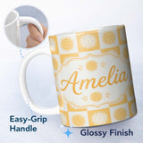 Personalized Custom Name Cute Yellow Sun Face Checkerboard Celestial Seamless Pattern Name 11oz Ceramic Coffee Tea Mug White Large Handle