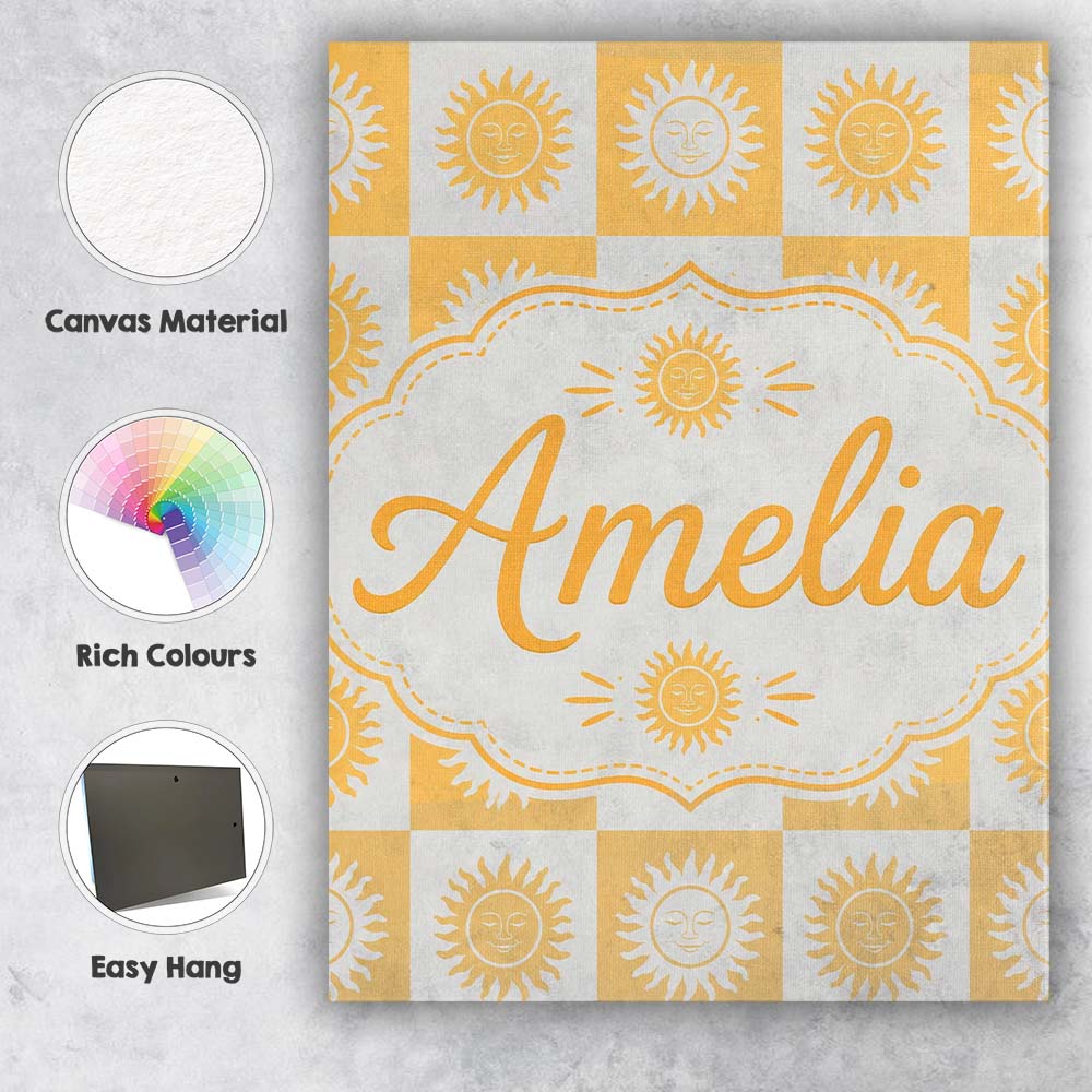 Personalised Name Cute Yellow Sun Face Custom  Modern Room Accent Elegant Feature Canvas Wall Art Print Decor Picture Ready to Hang