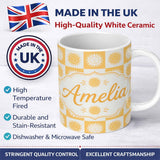 Personalized Custom Name Cute Yellow Sun Face Checkerboard Celestial Seamless Pattern Name 11oz Ceramic Coffee Tea Mug White Large Handle