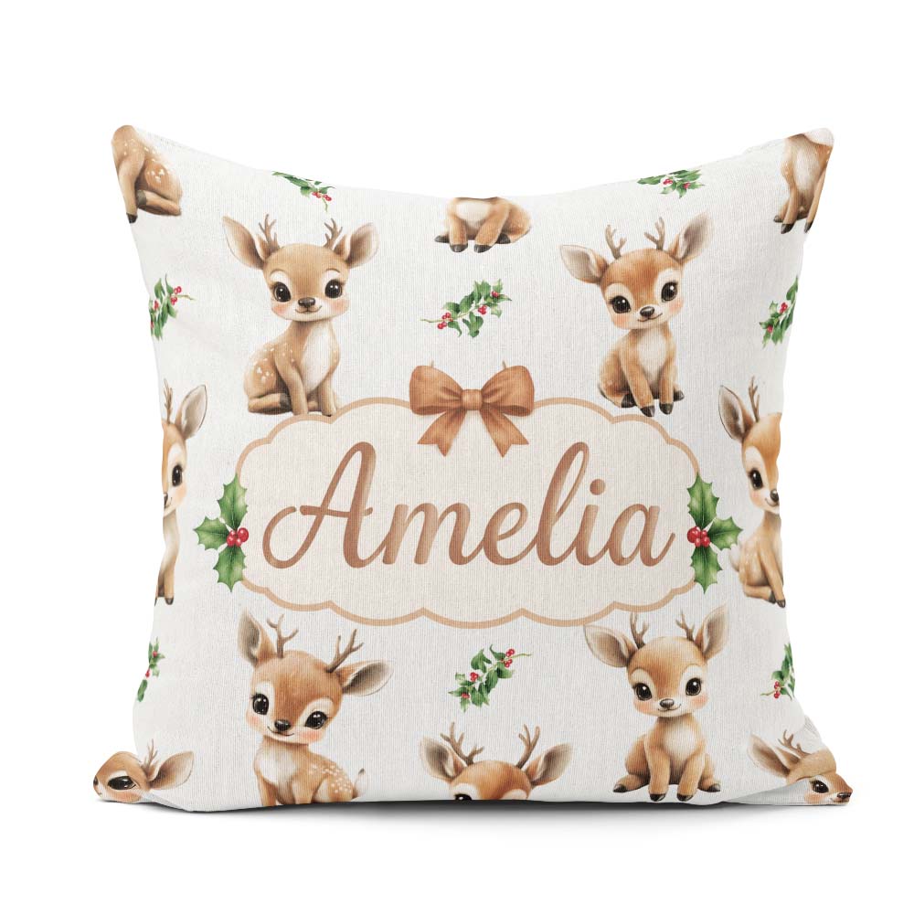 Custom Name Cute Baby Reindeer Holly Christmas Seamless Pattern Square Filled Cushion Throw Pillow Sofa Bed Home Decor Zip Washable UK Made