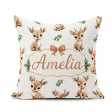 Custom Name Cute Baby Reindeer Holly Christmas Seamless Pattern Square Filled Cushion Throw Pillow Sofa Bed Home Decor Zip Washable UK Made