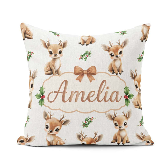 Custom Name Cute Baby Reindeer Holly Christmas Seamless Pattern Square Filled Cushion Throw Pillow Sofa Bed Home Decor Zip Washable UK Made