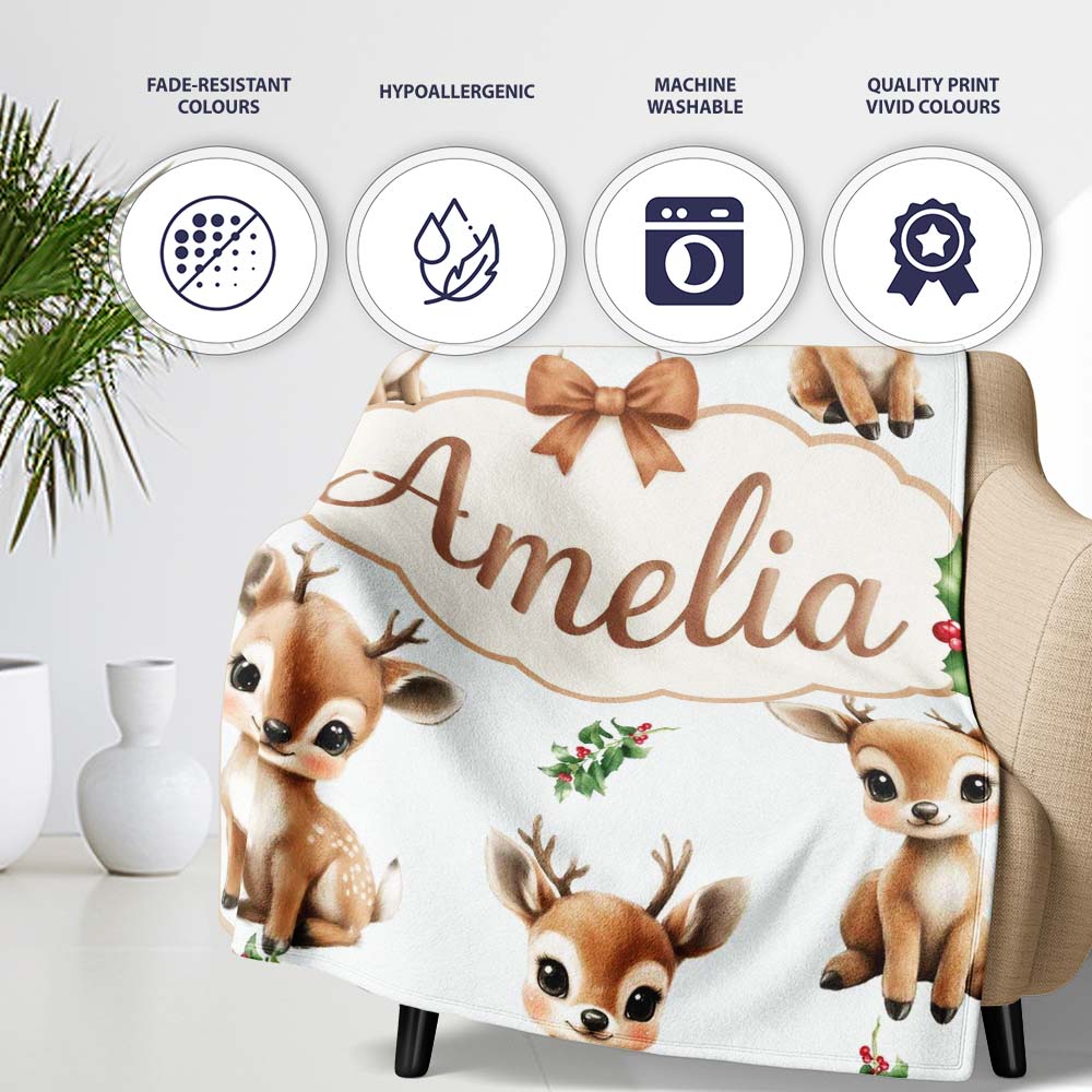 Cute Baby Reindeer Holly Christmas Seamless Pattern Cute Unique Gift  Personalised Custom Name Super Soft Fleece Blanket Bed Sofa Throw