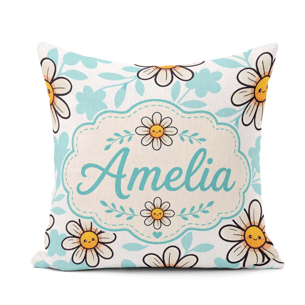 Custom Name Kawaii Daisy Flowers Soft Blue Seamless Pattern Name Square Filled Cushion Throw Pillow Sofa Bed Home Decor Zip Washable UK Made