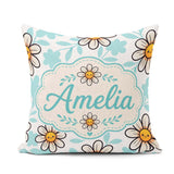 Custom Name Kawaii Daisy Flowers Soft Blue Seamless Pattern Name Square Filled Cushion Throw Pillow Sofa Bed Home Decor Zip Washable UK Made