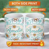 Personalized Custom Name Cute Kawaii Daisy Flowers Soft Blue Leaves Seamless Pattern Name 11oz Ceramic Coffee Tea Mug White Large Handle