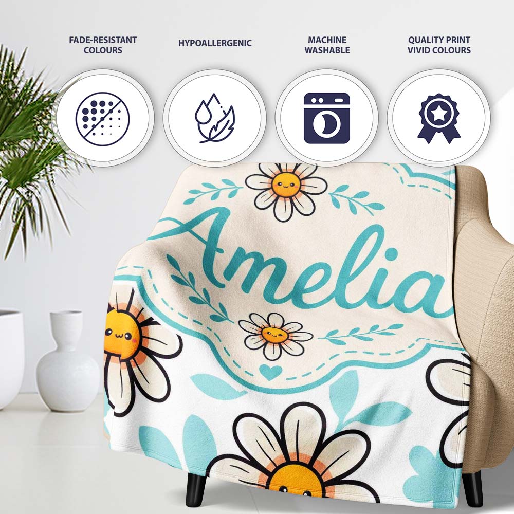 Cute Kawaii Daisy Flowers Soft Blue Leaves Seamless Pattern Name  Personalised Custom Name Super Soft Fleece Blanket Bed Sofa Throw