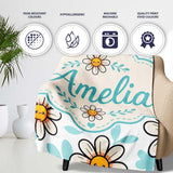 Cute Kawaii Daisy Flowers Soft Blue Leaves Seamless Pattern Name  Personalised Custom Name Super Soft Fleece Blanket Bed Sofa Throw
