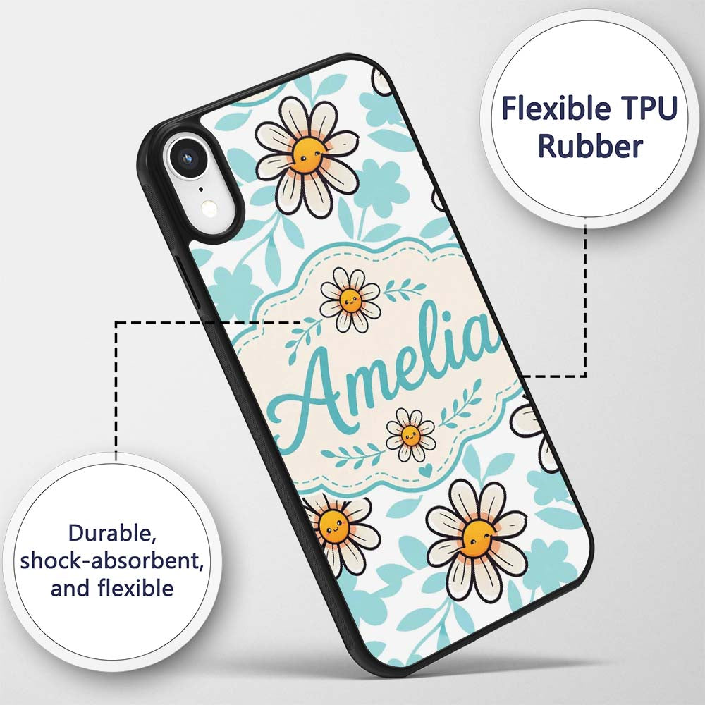 Cute Kawaii Daisy Flowers Soft Printed Design Custom Name Protective Phone Case Mobile Cover Durable Everyday Smartphone Shock Resistant