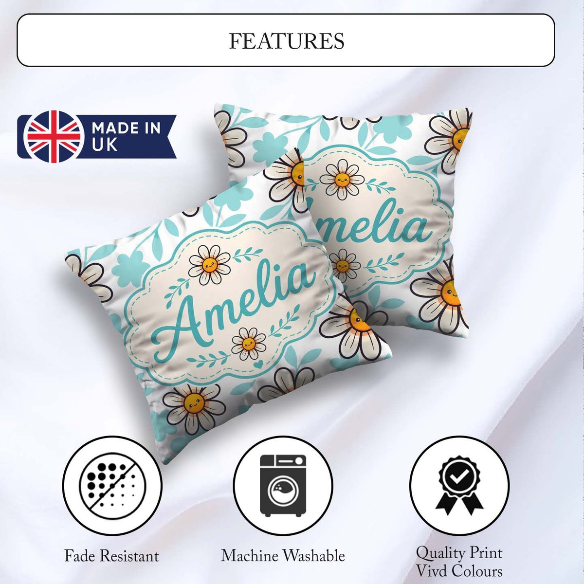 Custom Name Kawaii Daisy Flowers Soft Blue Seamless Pattern Name Square Filled Cushion Throw Pillow Sofa Bed Home Decor Zip Washable UK Made