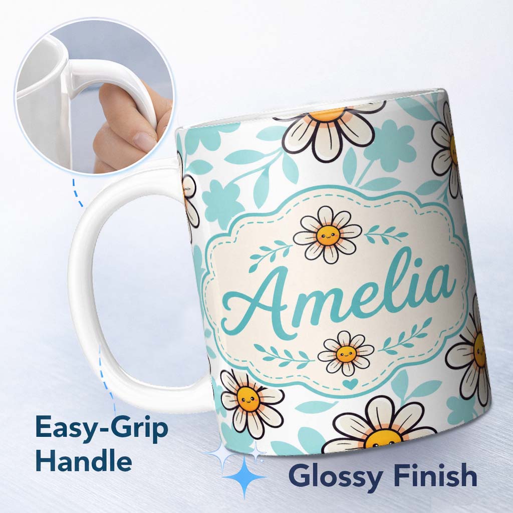 Personalized Custom Name Cute Kawaii Daisy Flowers Soft Blue Leaves Seamless Pattern Name 11oz Ceramic Coffee Tea Mug White Large Handle