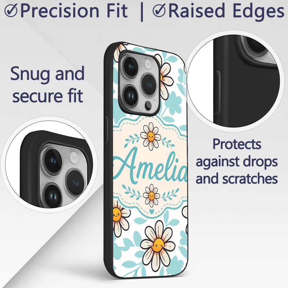 Cute Kawaii Daisy Flowers Soft Printed Design Custom Name Protective Phone Case Mobile Cover Durable Everyday Smartphone Shock Resistant