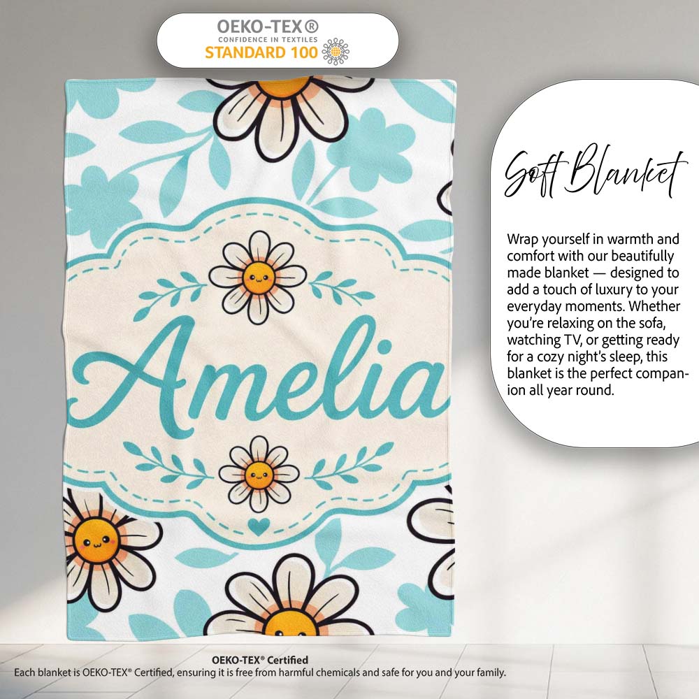 Cute Kawaii Daisy Flowers Soft Blue Leaves Seamless Pattern Name  Personalised Custom Name Super Soft Fleece Blanket Bed Sofa Throw