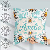 Custom Name Kawaii Daisy Flowers Soft Blue Seamless Pattern Name Square Filled Cushion Throw Pillow Sofa Bed Home Decor Zip Washable UK Made