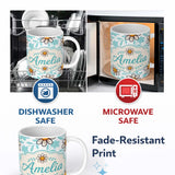 Personalized Custom Name Cute Kawaii Daisy Flowers Soft Blue Leaves Seamless Pattern Name 11oz Ceramic Coffee Tea Mug White Large Handle