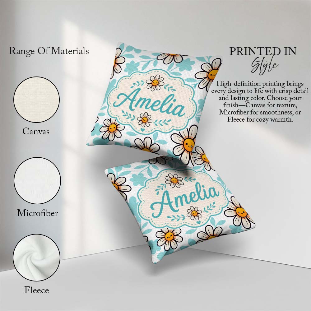 Custom Name Kawaii Daisy Flowers Soft Blue Seamless Pattern Name Square Filled Cushion Throw Pillow Sofa Bed Home Decor Zip Washable UK Made