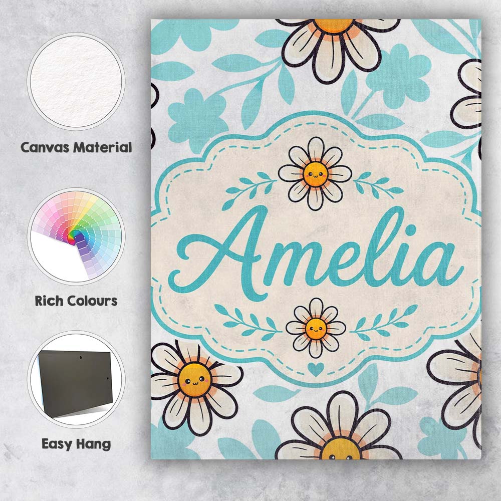 Personalised Name Cute Kawaii Daisy Flowers Custom  Bespoke Interior Contemporary Canvas Wall Art Print Decor Picture Ready to Hang