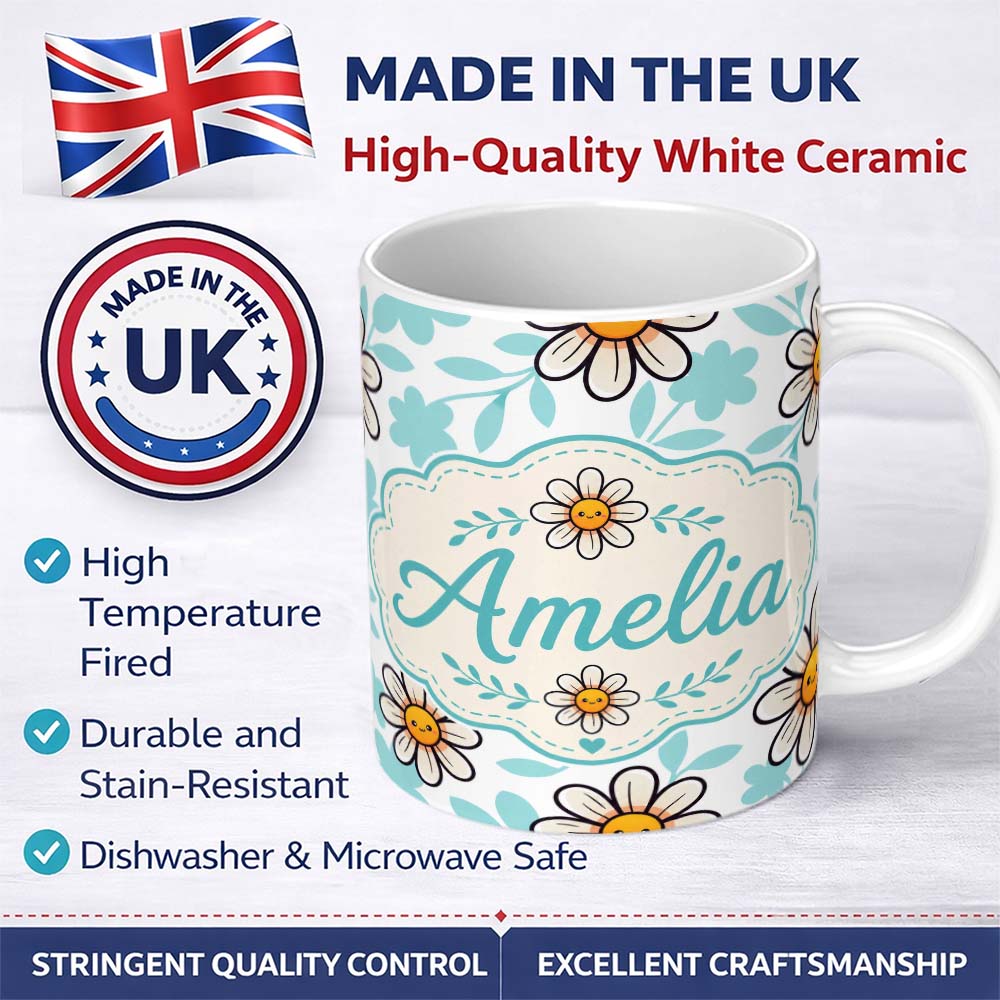 Personalized Custom Name Cute Kawaii Daisy Flowers Soft Blue Leaves Seamless Pattern Name 11oz Ceramic Coffee Tea Mug White Large Handle