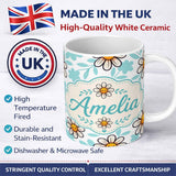 Personalized Custom Name Cute Kawaii Daisy Flowers Soft Blue Leaves Seamless Pattern Name 11oz Ceramic Coffee Tea Mug White Large Handle