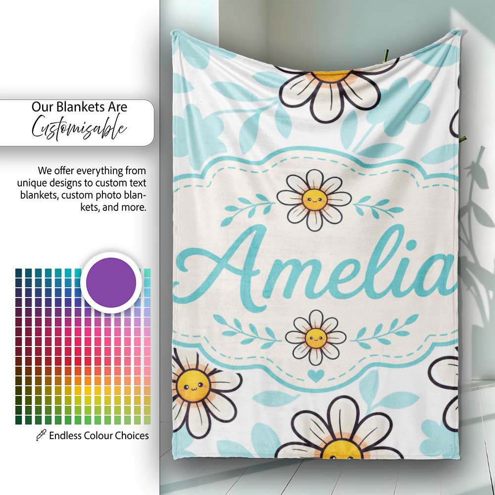 Cute Kawaii Daisy Flowers Soft Blue Leaves Seamless Pattern Name  Personalised Custom Name Super Soft Fleece Blanket Bed Sofa Throw