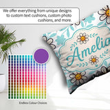 Custom Name Kawaii Daisy Flowers Soft Blue Seamless Pattern Name Square Filled Cushion Throw Pillow Sofa Bed Home Decor Zip Washable UK Made