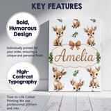Personalised Name Cute Baby Reindeer Holly Christmas Seamless Custom Contemporary Display Canvas Wall Art Print Decor Picture Ready to Hang