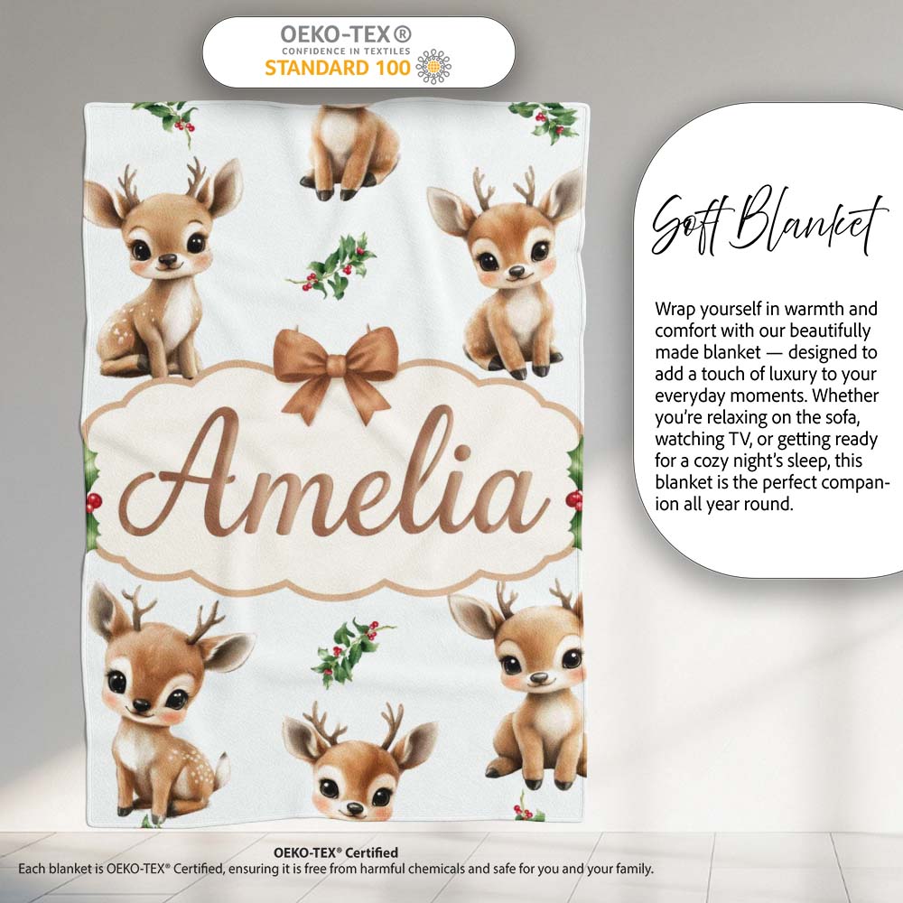 Cute Baby Reindeer Holly Christmas Seamless Pattern Cute Unique Gift  Personalised Custom Name Super Soft Fleece Blanket Bed Sofa Throw