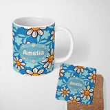 Personalized Custom Name Cute Kawaii Daisy Flowers Blue Background Seamless Pattern Name 11oz Ceramic Coffee Tea Mug White Large Handle