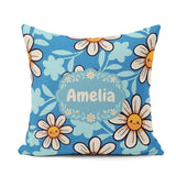 Custom Name Cute Kawaii Daisy Flowers Blue Seamless Pattern Name Square Filled Cushion Throw Pillow Sofa Bed Home Decor Zip Washable UK Made