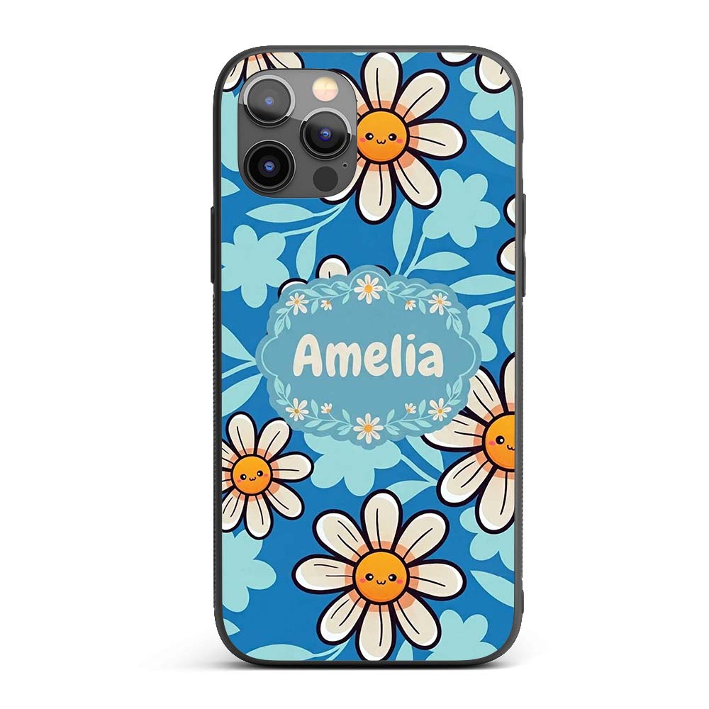 Cute Kawaii Daisy Flowers Blue Printed Design Custom Name Protective Phone Case Mobile Cover Durable Everyday Smartphone Shock Resistant
