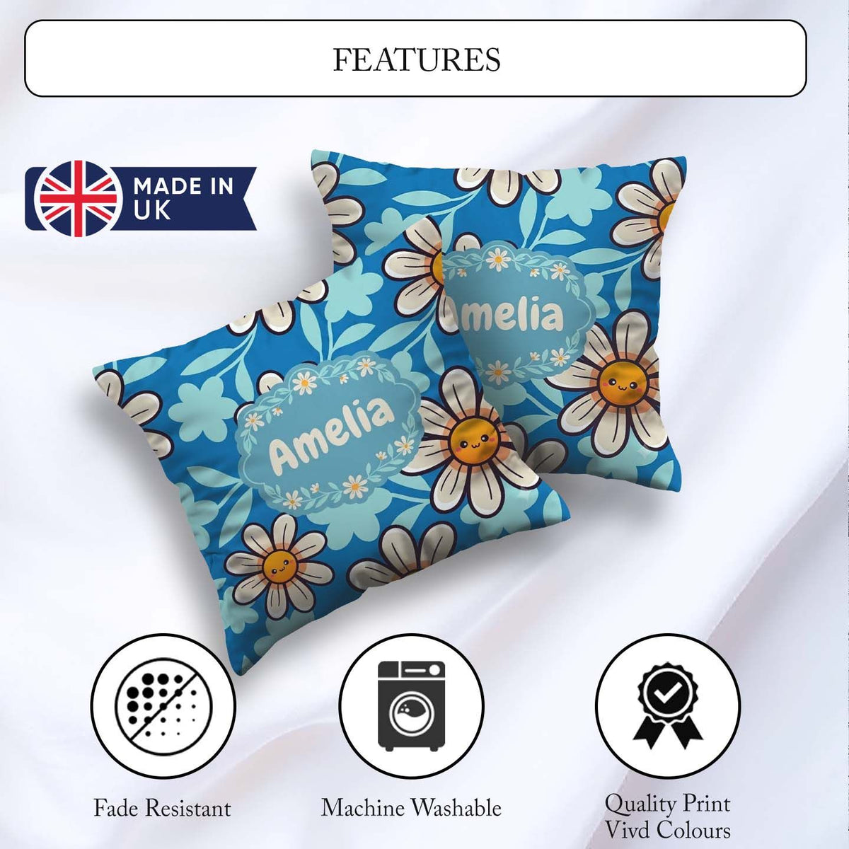 Custom Name Cute Kawaii Daisy Flowers Blue Seamless Pattern Name Square Filled Cushion Throw Pillow Sofa Bed Home Decor Zip Washable UK Made