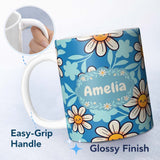 Personalized Custom Name Cute Kawaii Daisy Flowers Blue Background Seamless Pattern Name 11oz Ceramic Coffee Tea Mug White Large Handle