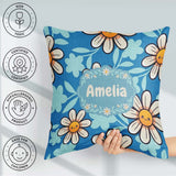 Custom Name Cute Kawaii Daisy Flowers Blue Seamless Pattern Name Square Filled Cushion Throw Pillow Sofa Bed Home Decor Zip Washable UK Made