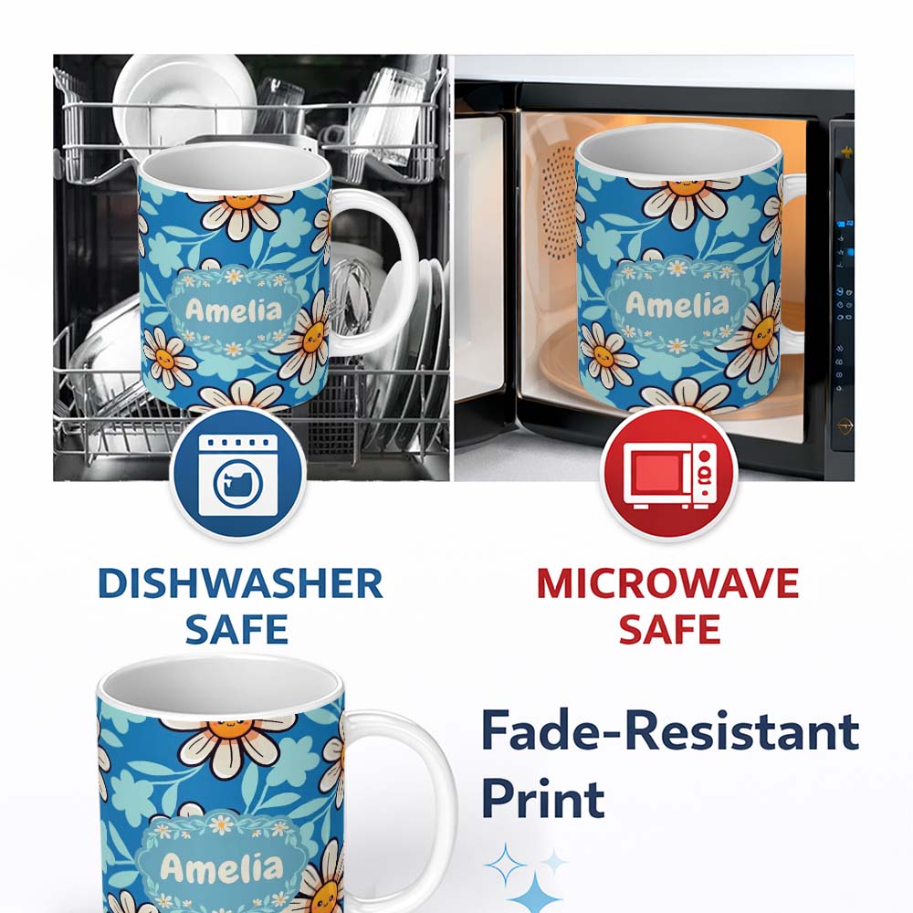 Personalized Custom Name Cute Kawaii Daisy Flowers Blue Background Seamless Pattern Name 11oz Ceramic Coffee Tea Mug White Large Handle
