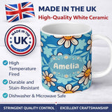 Personalized Custom Name Cute Kawaii Daisy Flowers Blue Background Seamless Pattern Name 11oz Ceramic Coffee Tea Mug White Large Handle