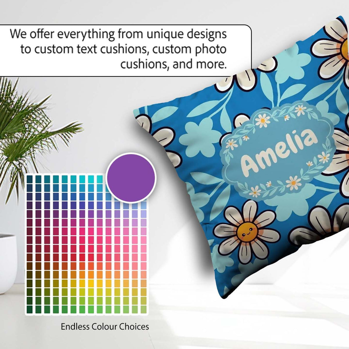 Custom Name Cute Kawaii Daisy Flowers Blue Seamless Pattern Name Square Filled Cushion Throw Pillow Sofa Bed Home Decor Zip Washable UK Made