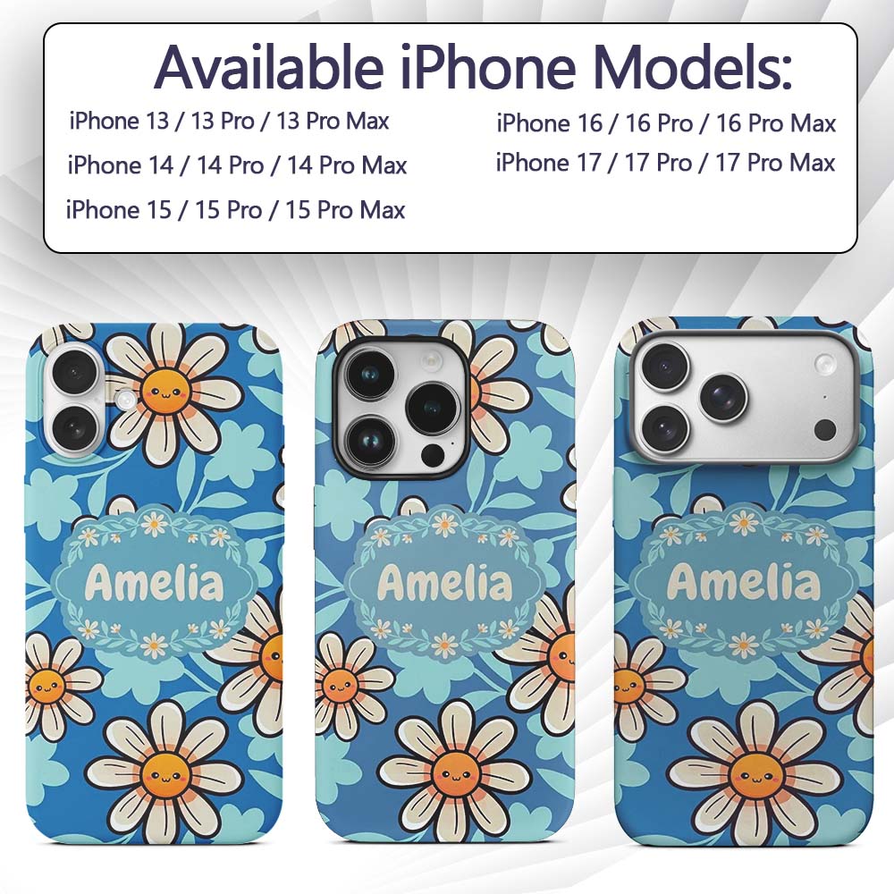Cute Kawaii Daisy Flowers Blue Printed Design Custom Name Protective Phone Case Mobile Cover Durable Everyday Smartphone Shock Resistant