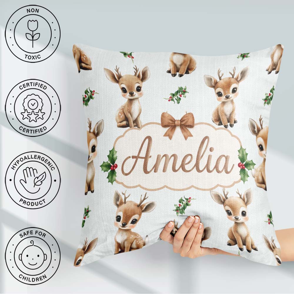 Custom Name Cute Baby Reindeer Holly Christmas Seamless Pattern Square Filled Cushion Throw Pillow Sofa Bed Home Decor Zip Washable UK Made