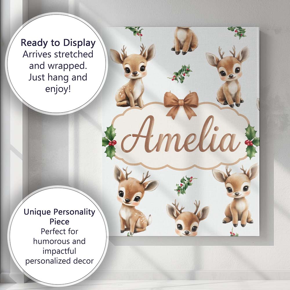 Personalised Name Cute Baby Reindeer Holly Christmas Seamless Custom Contemporary Display Canvas Wall Art Print Decor Picture Ready to Hang