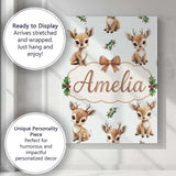 Personalised Name Cute Baby Reindeer Holly Christmas Seamless Custom Contemporary Display Canvas Wall Art Print Decor Picture Ready to Hang