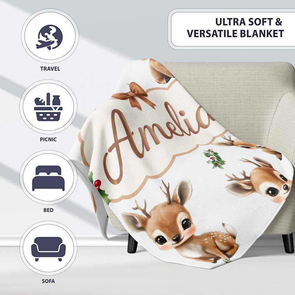 Cute Baby Reindeer Holly Christmas Seamless Pattern Cute Unique Gift  Personalised Custom Name Super Soft Fleece Blanket Bed Sofa Throw