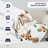 Cute Baby Reindeer Holly Christmas Seamless Pattern Cute Unique Gift  Personalised Custom Name Super Soft Fleece Blanket Bed Sofa Throw